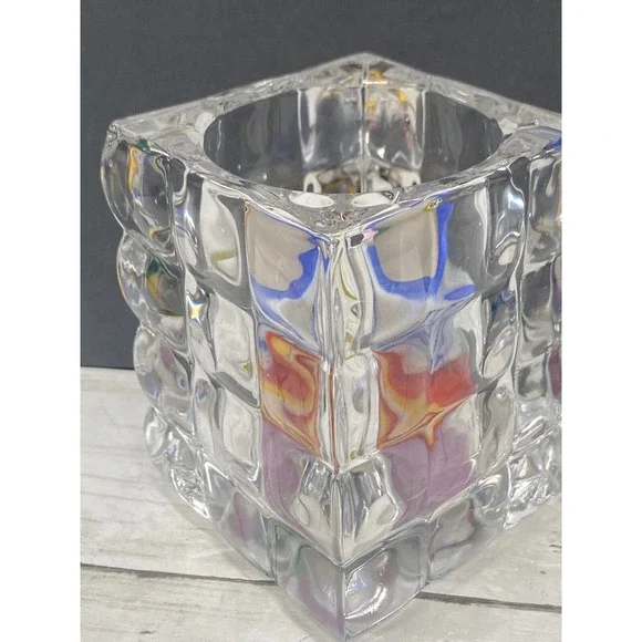 Square Cut Bubble Glass Votive Crystal Candle Holder With Colorful Swirl Candle - Picture 1 of 11